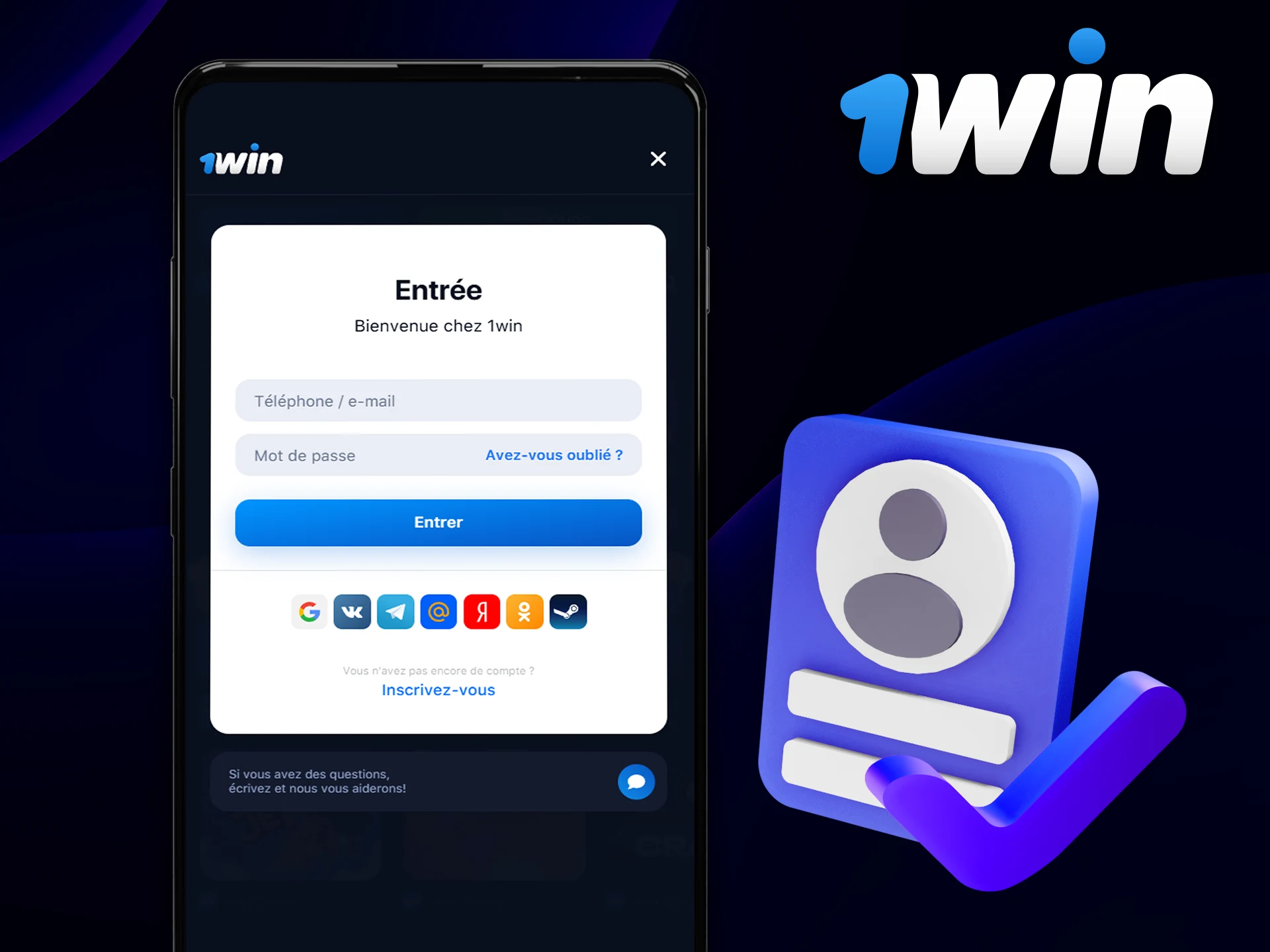 Entrez votre nom d'utilisateur et votre mot de passe pour vous connecter à l'application 1Win.