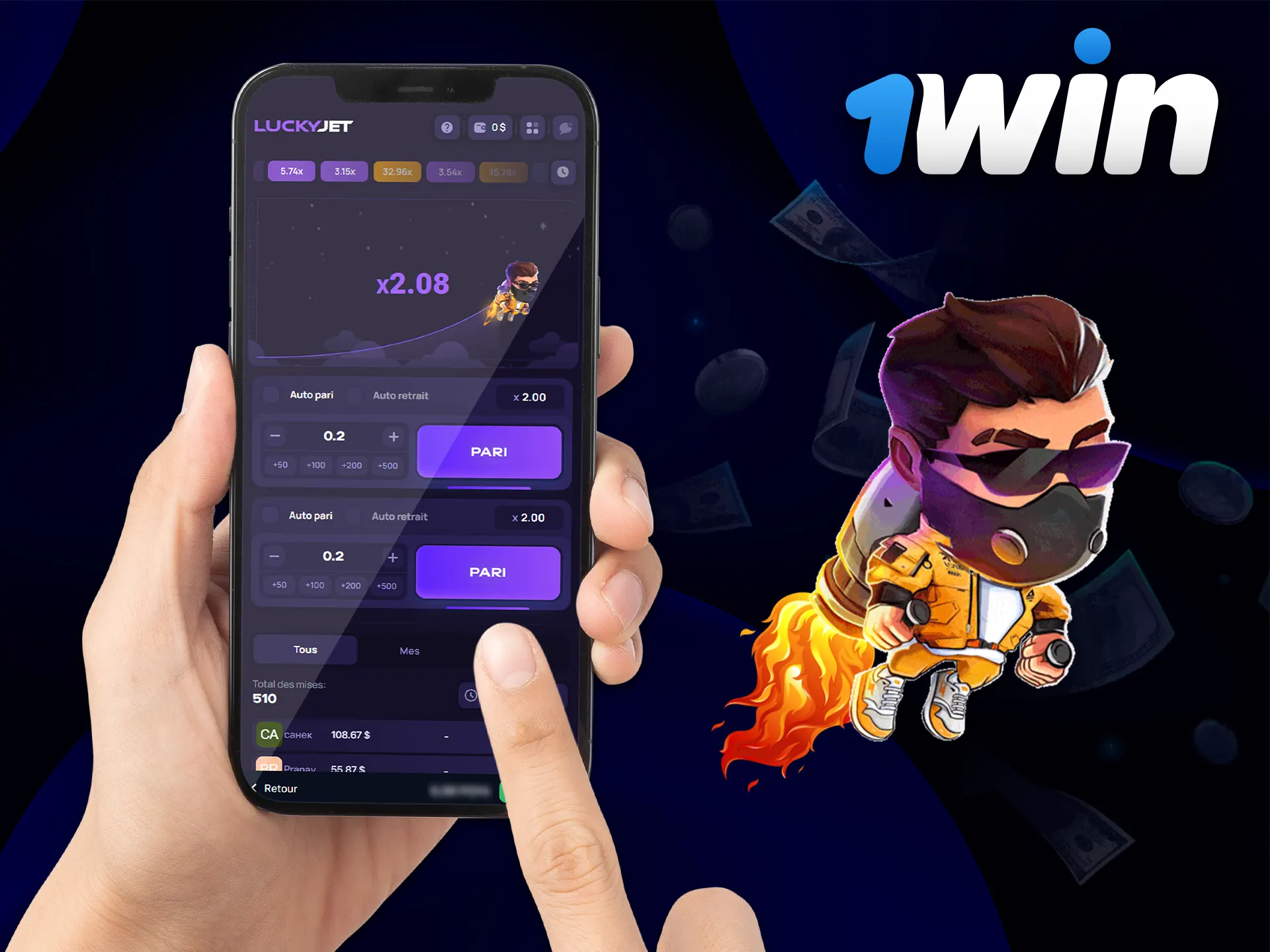 Vous pouvez jouer à Lucky Jet 1Win directement depuis votre téléphone portable.