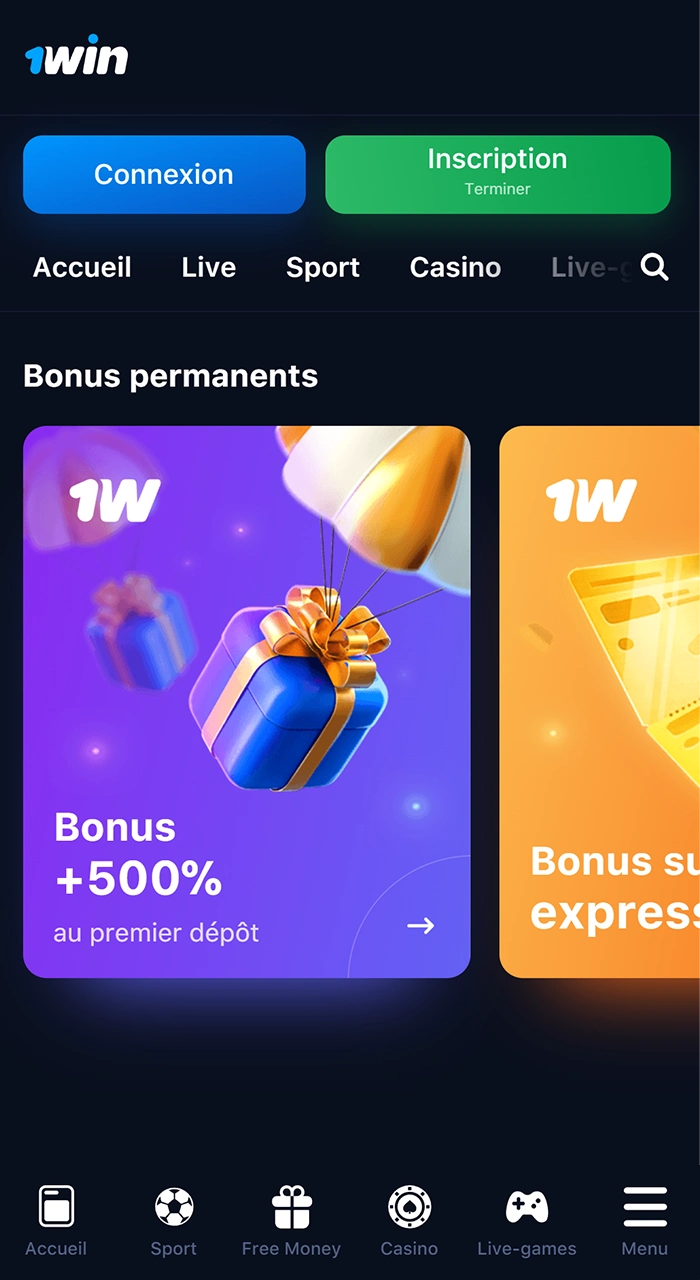 Différents bonus dans l'application 1Win.