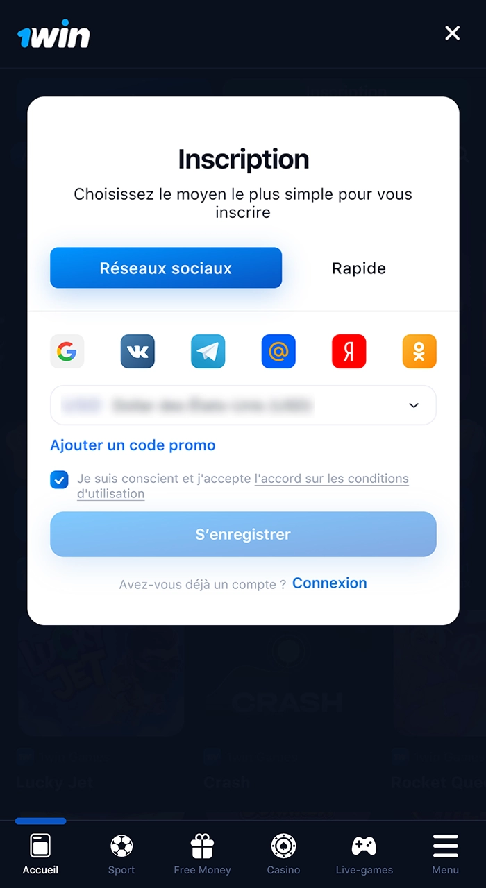 Le processus d'enregistrement dans l'application 1Win.