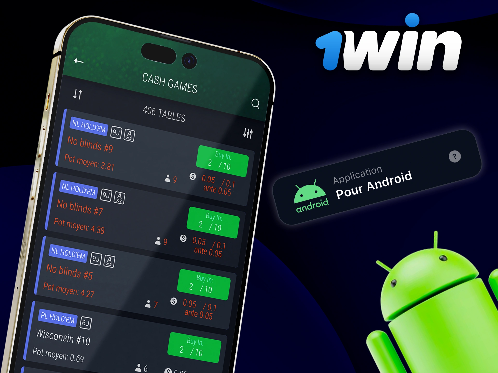 Jouez au poker sur l'application mobile 1Win pour Android.