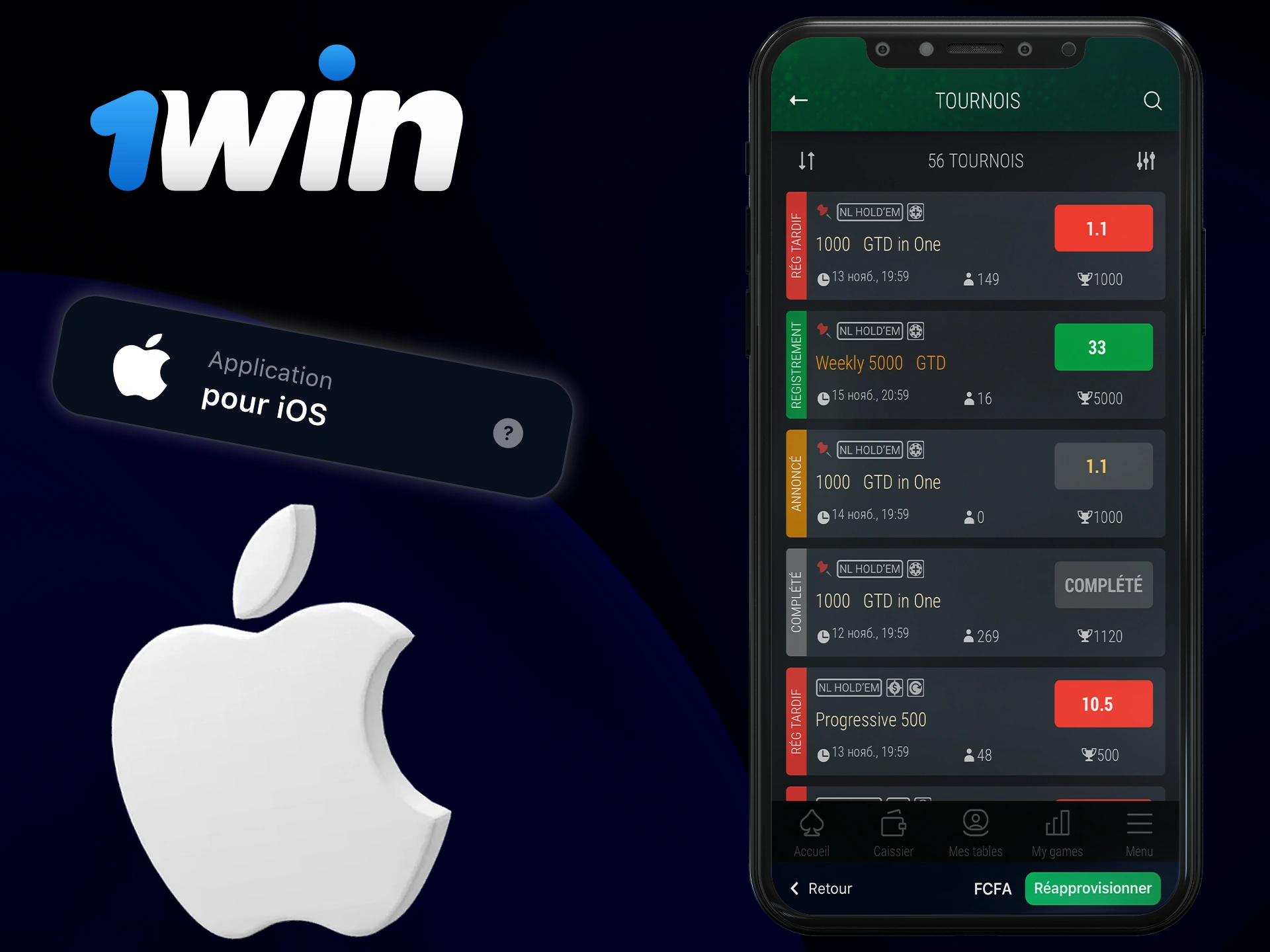 Installez l'application 1Win pour iOS et pariez sur le poker.